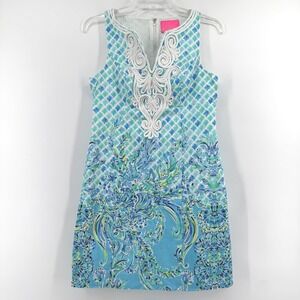 Lilly Pulitzer Gabby Shift Dress Womens 2 Blue Green Tropical Shell